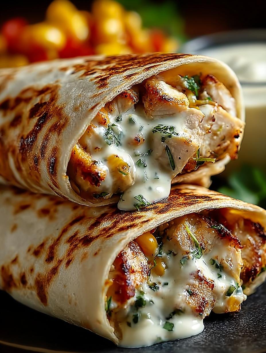 Close-up van Schmelzende Knoblauch Hahnchen Wraps, gevuld met sappige kip, gesmolten kaas en verse groenten