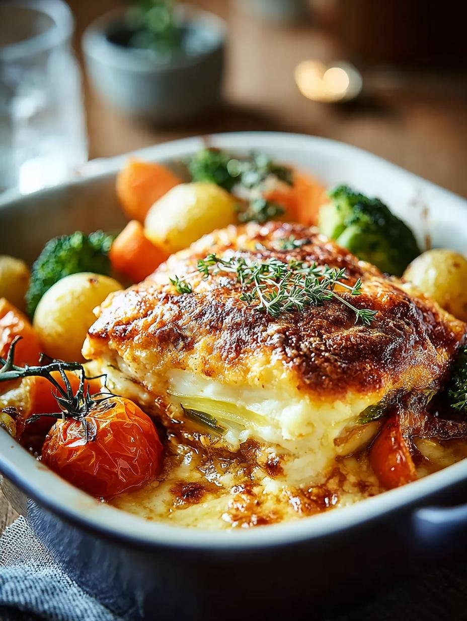 Close-up van een portie Snelle Kaisergemüse Auflauf Met, met gesmolten kaas en verse kruiden