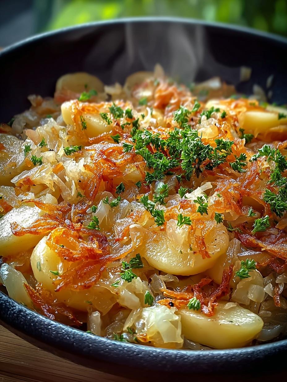 Heerlijke Schupfnudel Sauerkraut Pfanne met krokant spek en verse peterselie, klaar om te serveren
