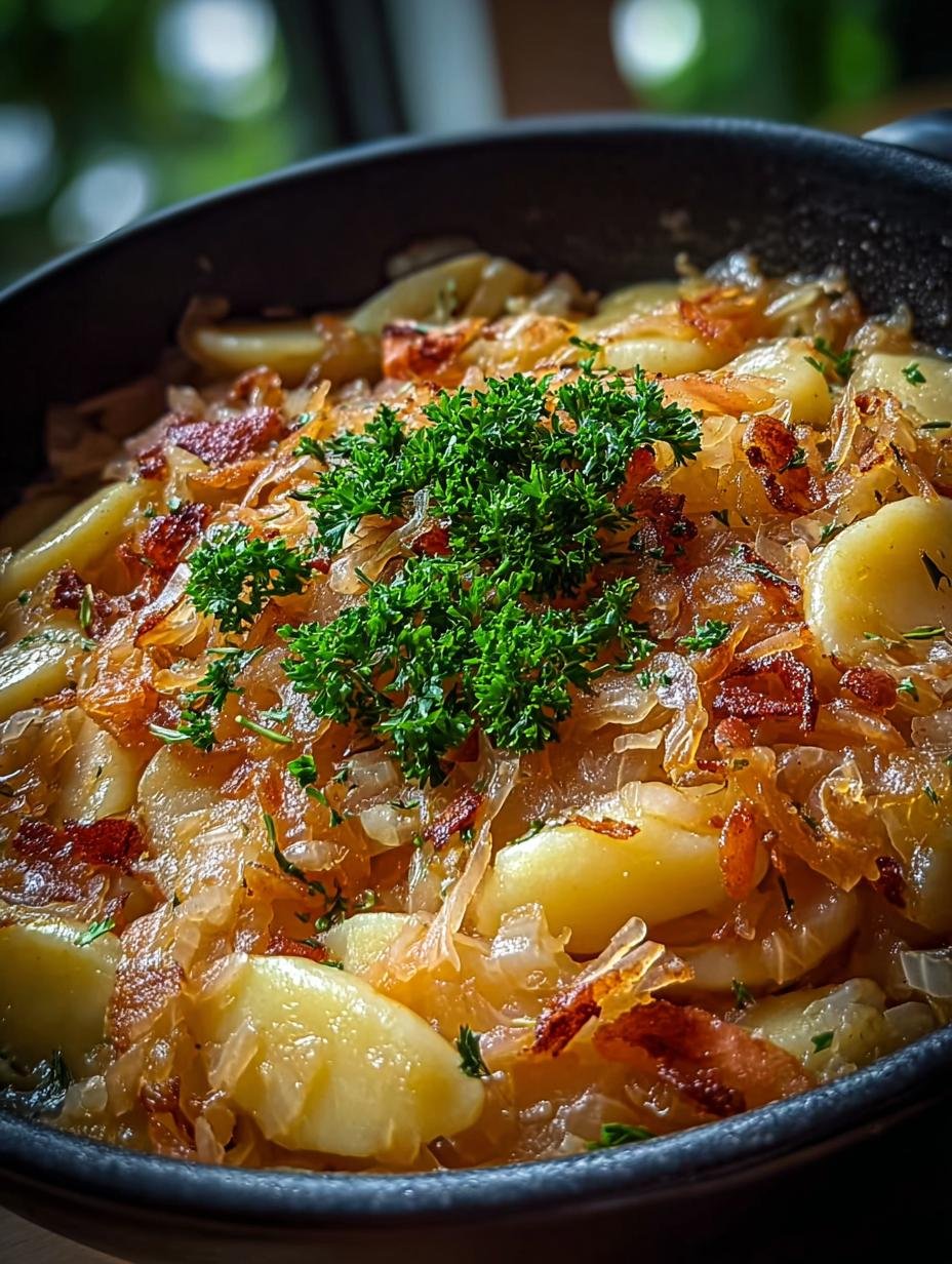 Close-up van een portie Schupfnudel Sauerkraut Pfanne met peterselie garnering