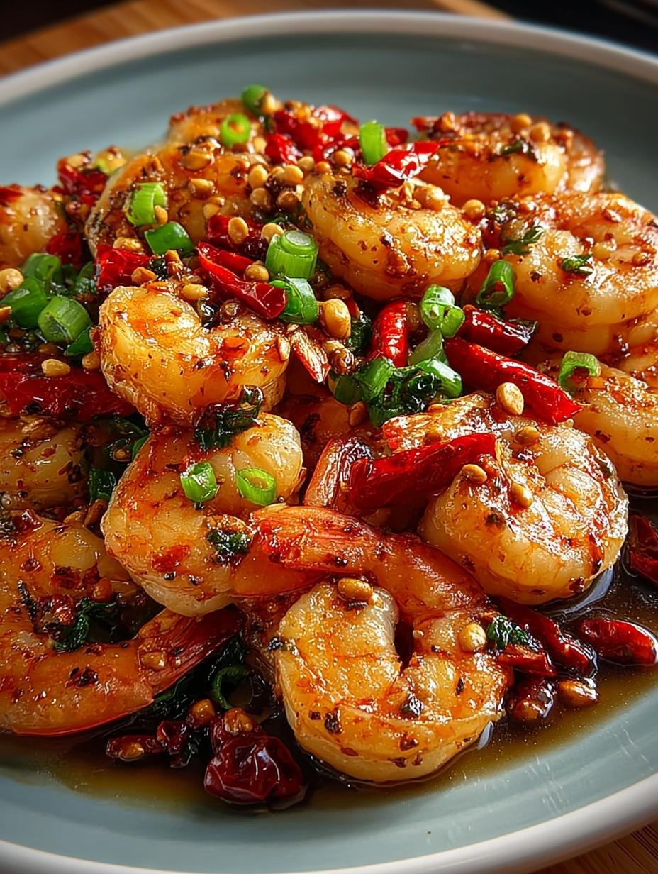 Geweldige Sichuan Garnalen Pfanne: 350 kcal genot! - Een portie Sichuan Garnalen Pfanne geserveerd met rijst en verse kruiden