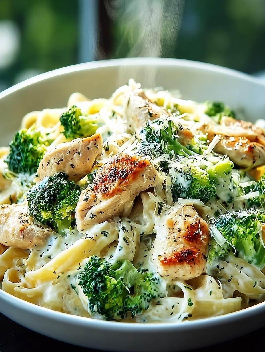 Verrukkelijke Skinny Chicken Broccoli Alfredo met romige saus en verse broccoli, klaar om te serveren