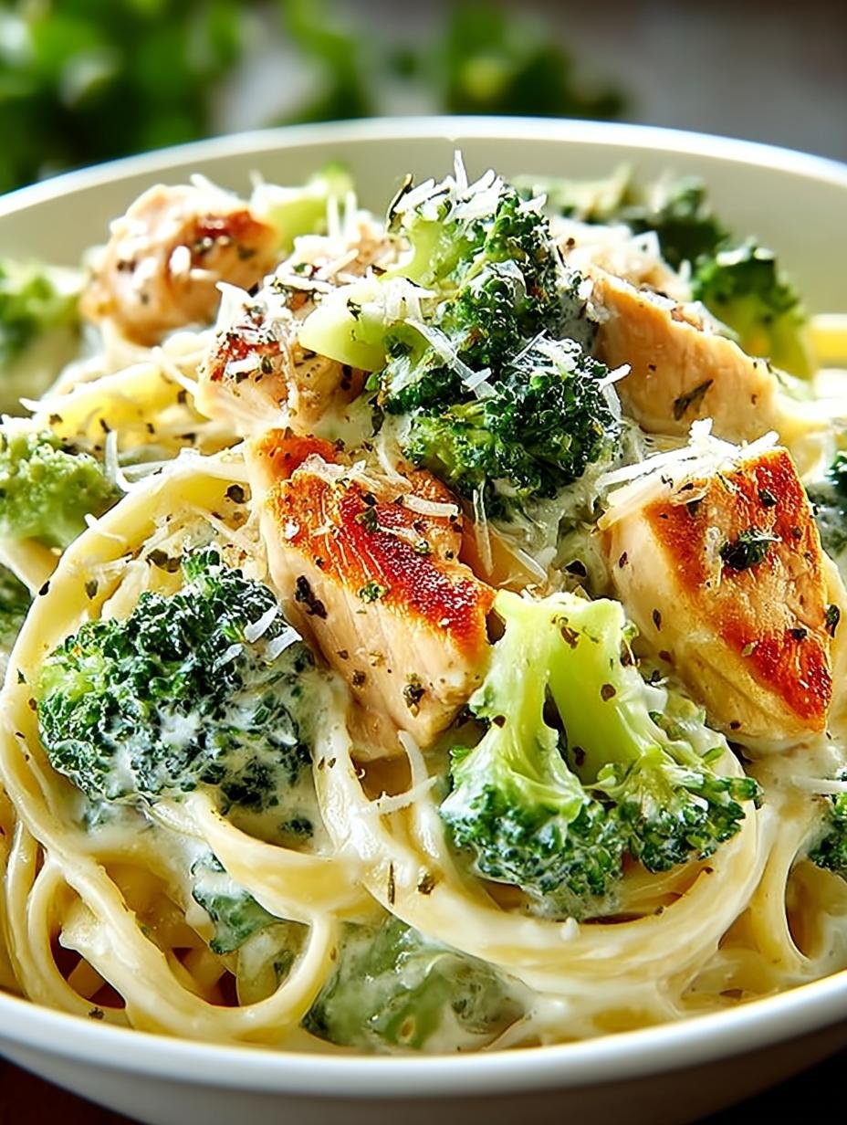 Close-up van Skinny Chicken Broccoli Alfredo met perfect gegaarde kip en broccoli, klaar om te eten