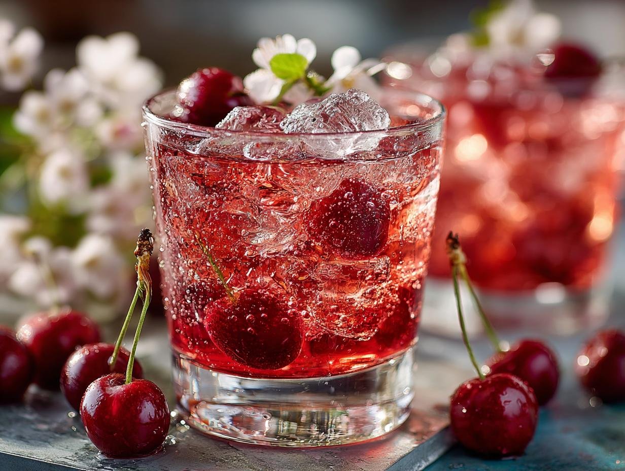 Close-up van een Tart Cherry Juice Mocktail met ijs, munt en limoen, klaar om te drinken