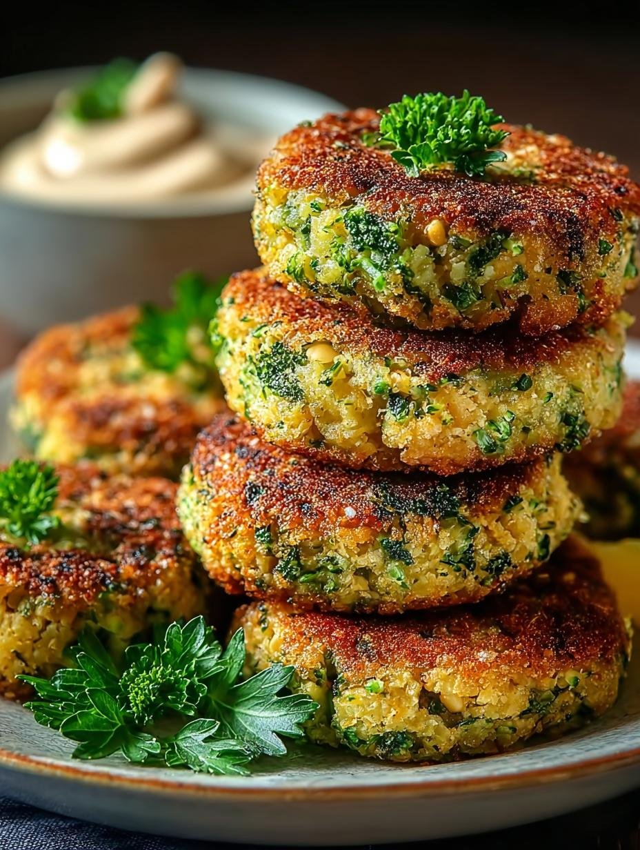 Heerlijke goudbruine Vegane Brokkoli Kichererbsen Fritter op een bord met verse kruiden, klaar om te serveren.