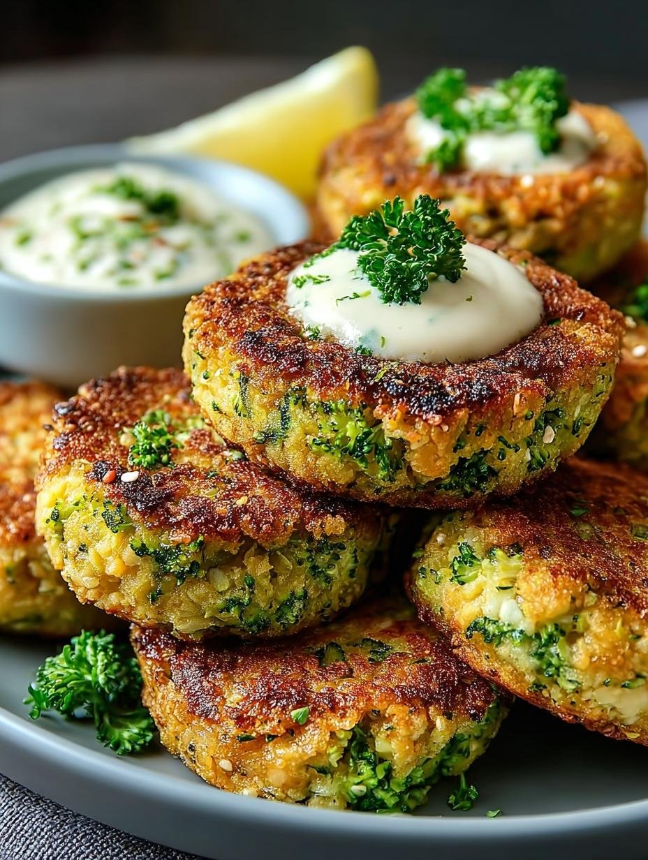 Close-up van een stapel Vegane Brokkoli Kichererbsen Fritter, perfect goudbruin gebakken en klaar om te eten.