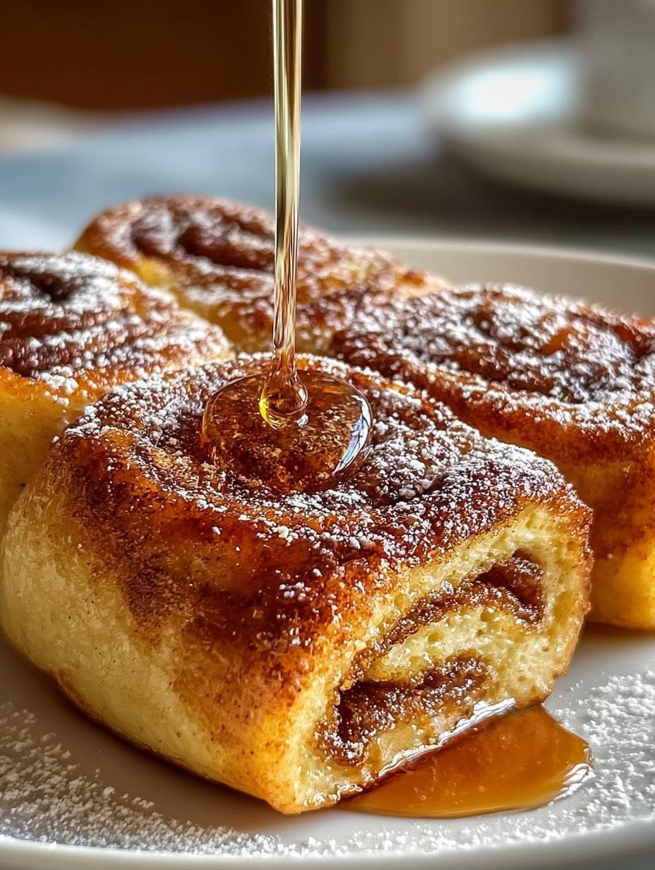 Close-up van Zimtschnecke French Toast Roll-Ups met poedersuiker en ahornsiroop