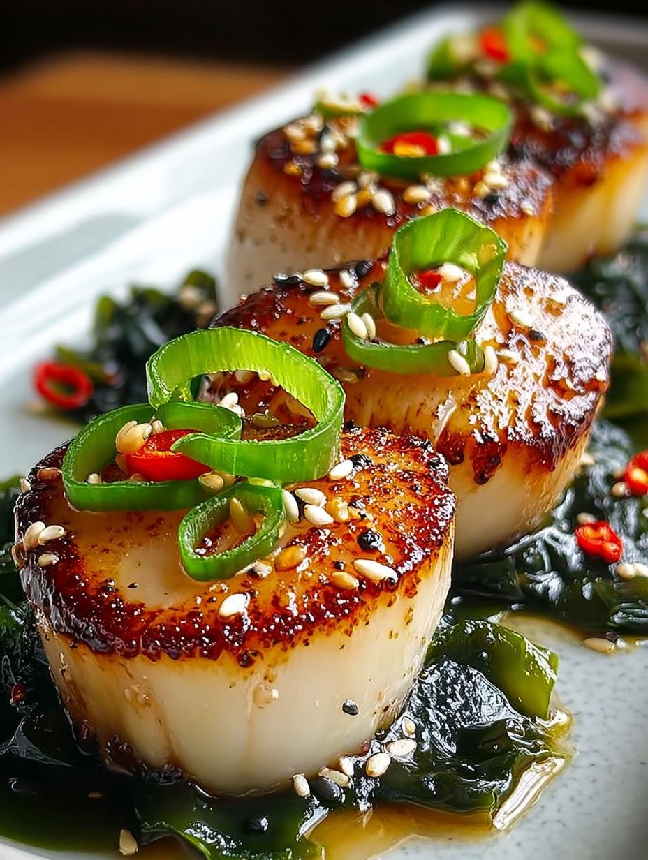 Verrukkelijke Algenumhuellte Jakobsmuscheln Ponzu, perfect gebakken en geserveerd met verse lente-uitjes