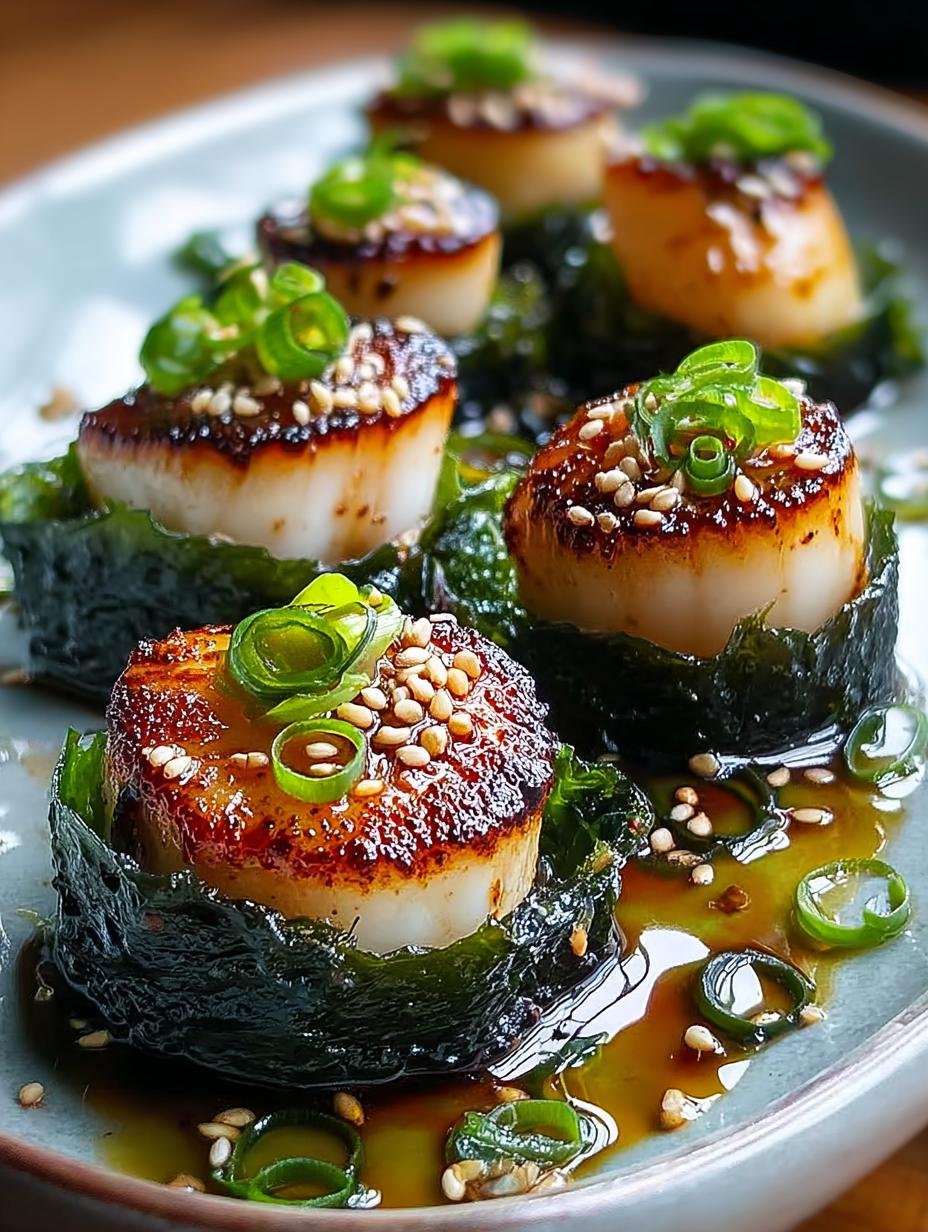 Close-up van Algenumhuellte Jakobsmuscheln Ponzu met ponzu saus en verse kruiden