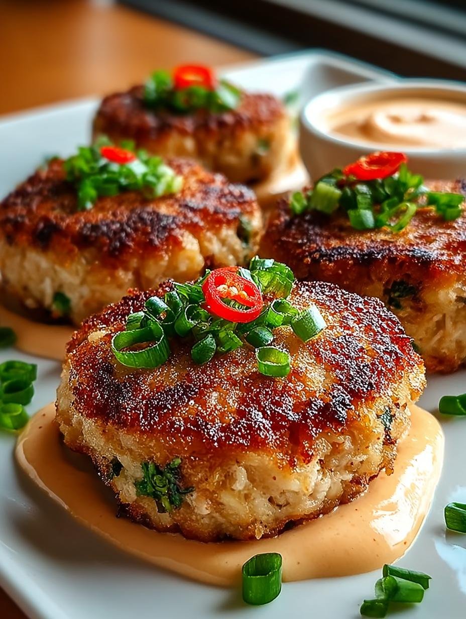 Nahaufnahme von knusprigen Asiatische Thunfischkuchen mit scharfer Mayonnaise und frischen Kräutern, angerichtet auf einem Teller – Asiatische Thunfischkuchen Mit Scharfer - additional detail