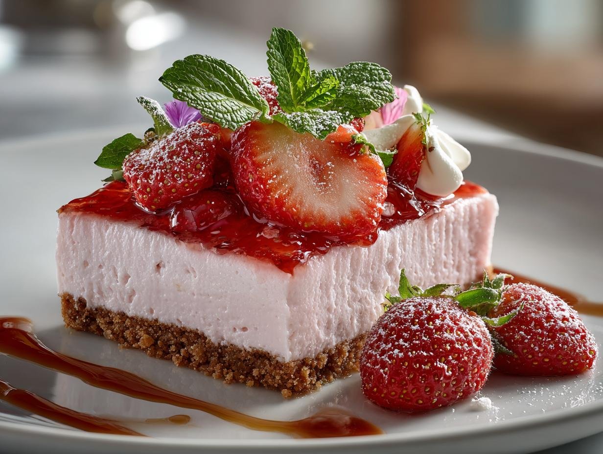 Close-up van een portie Bake Fresh Strawberry Mousse in een glas, gegarneerd met verse aardbeien en munt