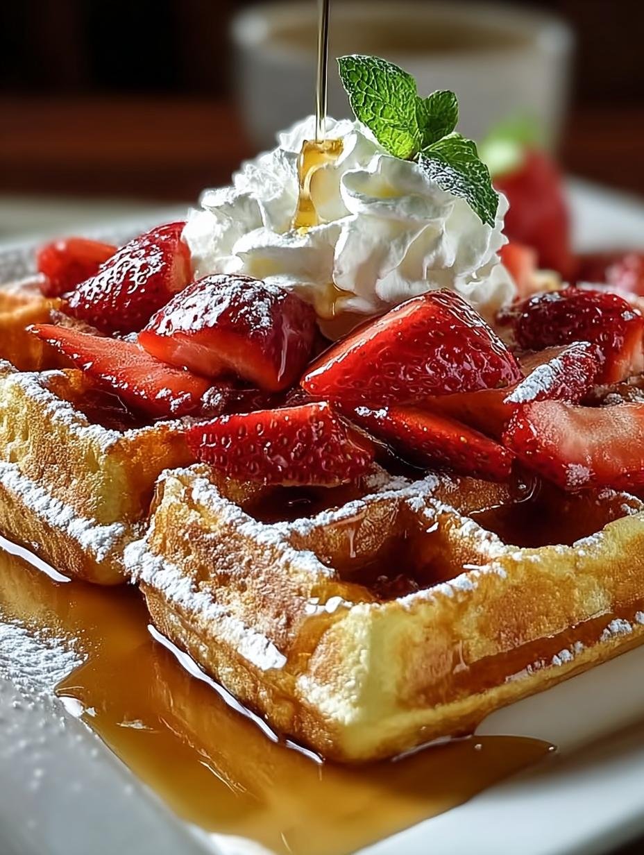 Close-up van knapperige Belgische Wafels met verse aardbeien en slagroom
