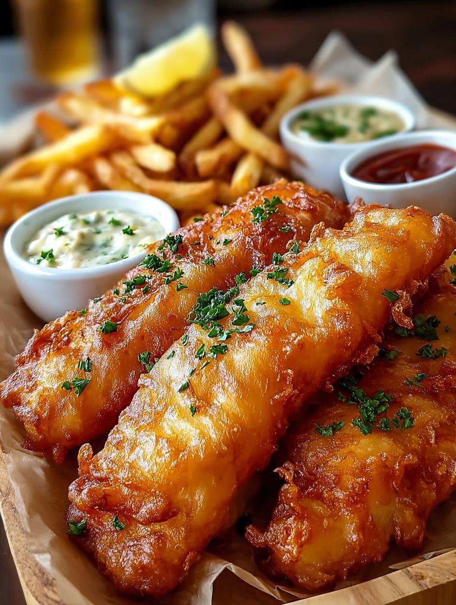Heerlijke goudbruine Bierbatterte Fisch Und Pommes geserveerd met citroen en peterselie op een houten plank