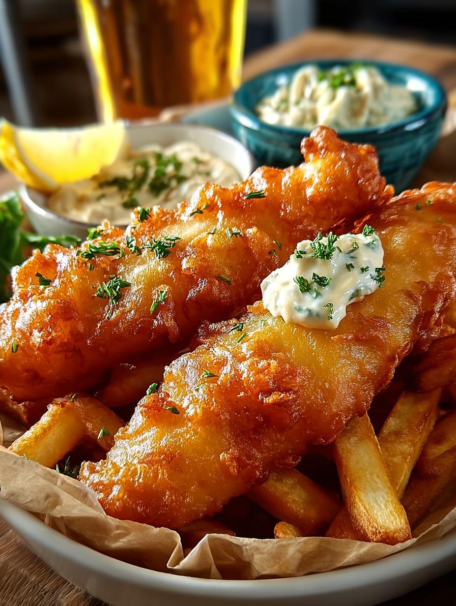 Close-up van perfect gefrituurde Bierbatterte Fisch Und Pommes met knapperige frietjes en verse citroen