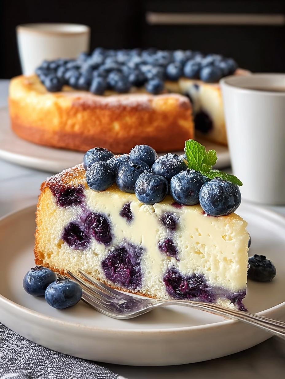 Close-up van een plak Blaubeer Ricotta Kuchen met romige textuur en sappige bosbessen