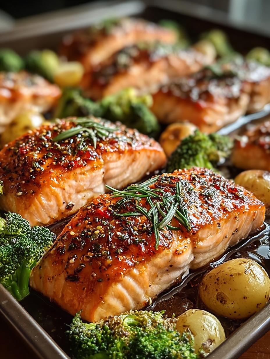 Blechpfanne Honig Senf Lachs: Een magisch gezonde maaltijd met perfect gebakken zalm en broccoli op een bakplaat, klaar om te serveren.