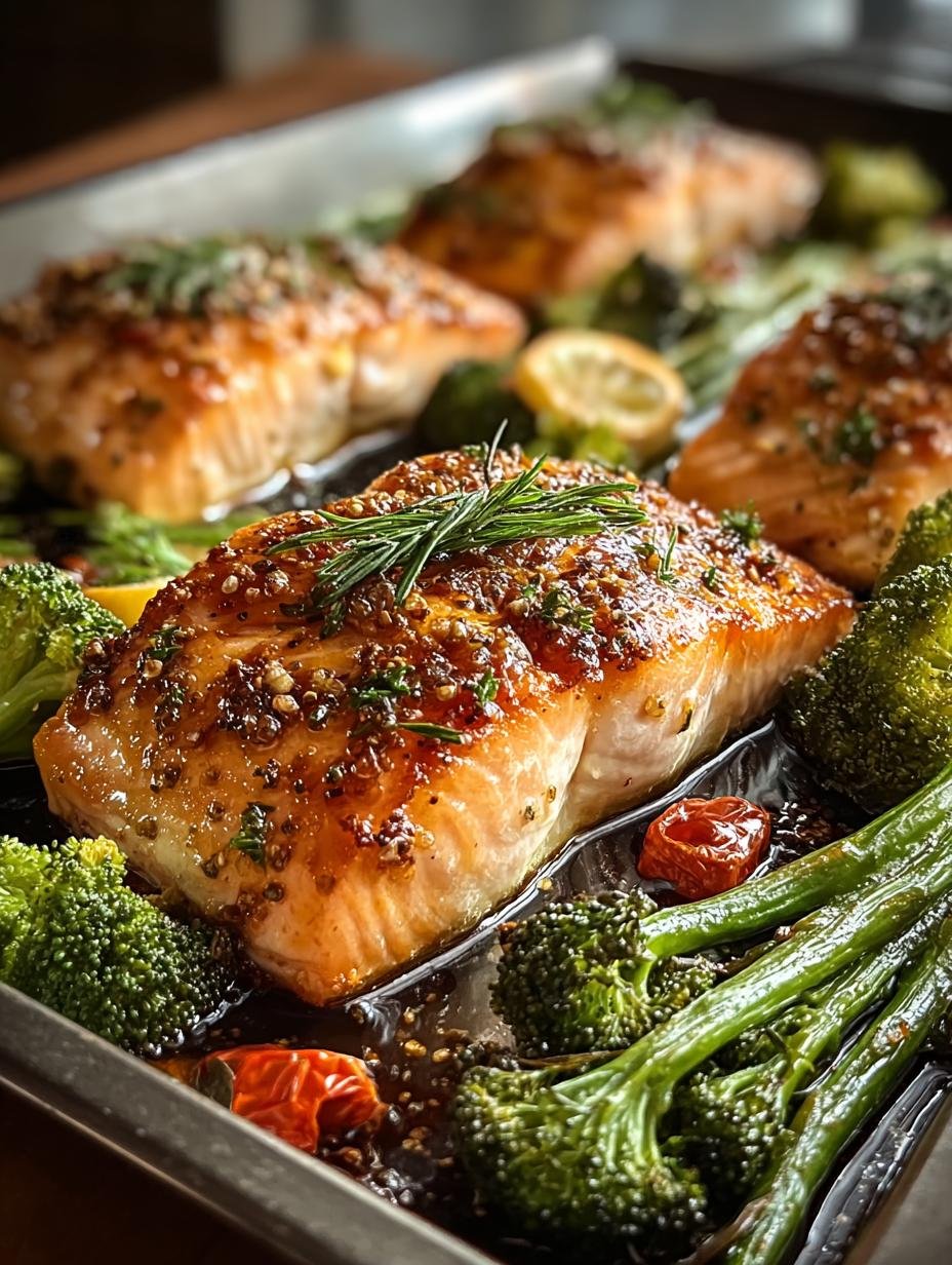 Blechpfanne Honig Senf Lachs: Close-up van de honing-mosterd zalm en broccoli op een bakplaat, perfect gegaard en geglazuurd.