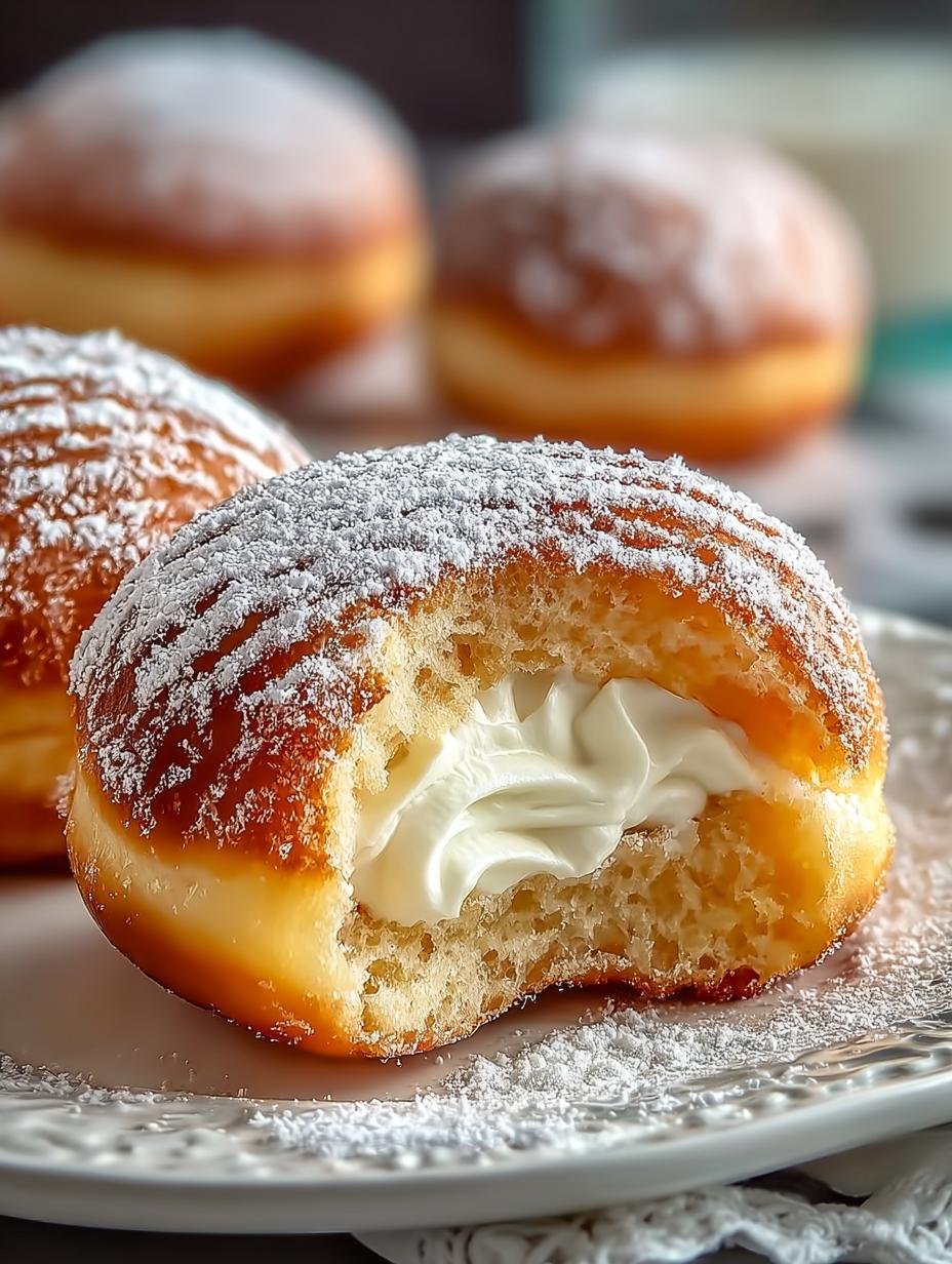 Heerlijke Bomboloni met Crème, bestrooid met poedersuiker, klaar om te eten