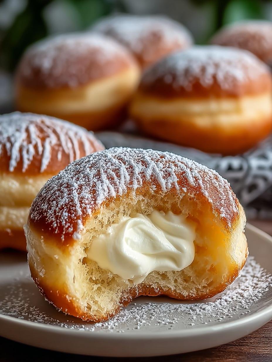 Close-up van een perfect gefrituurde Bomboloni met Crème, gevuld met romige patisseriecrème