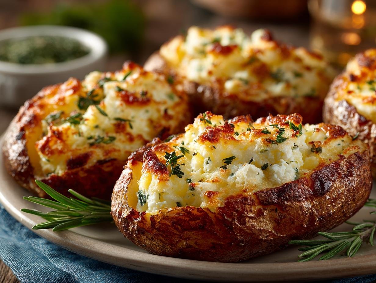 Close-up van een perfect gevulde Cheddar Herb Twice Baked aardappel, met gesmolten cheddar kaas en verse kruiden, klaar om te eten.