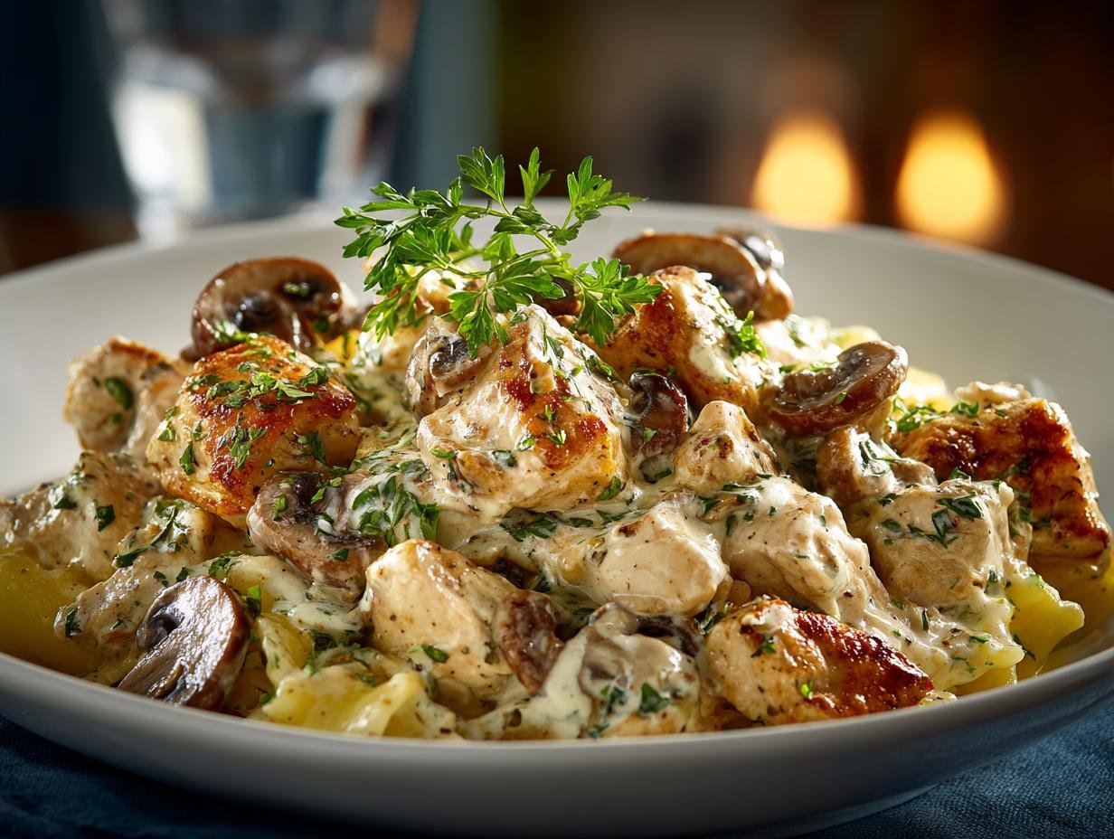 Close-up van Romige Kipgehakt Champignon Stroganoff met eiernoedels, bestrooid met verse peterselie.