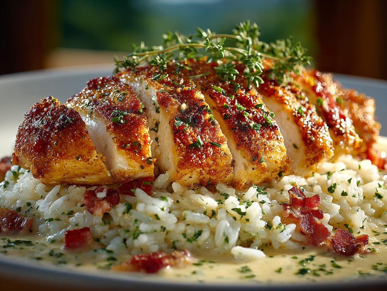 Heerlijke Creamy Parmesan Chicken Rice: 1 Pan Wonder, een romige kip-rijstschotel met Parmezaanse kaas, perfect gegaard en klaar om te serveren.