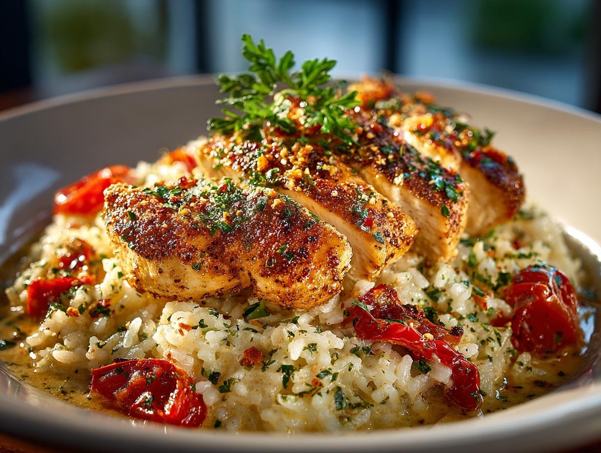 Close-up van een portie Creamy Parmesan Chicken Rice: 1 Pan Wonder, met malse kip, romige rijst en verse peterselie, klaar om van te genieten.