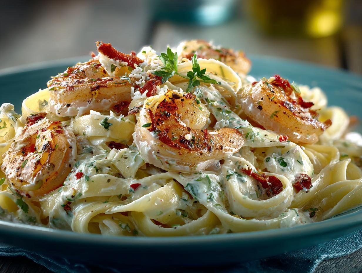 Romige Garnalen Fettuccine Alfredo: 6 snelle stappen. - Creamy Shrimp Fettuccine Alfredo - een bord vol romige garnalen fettuccine met verse peterselie