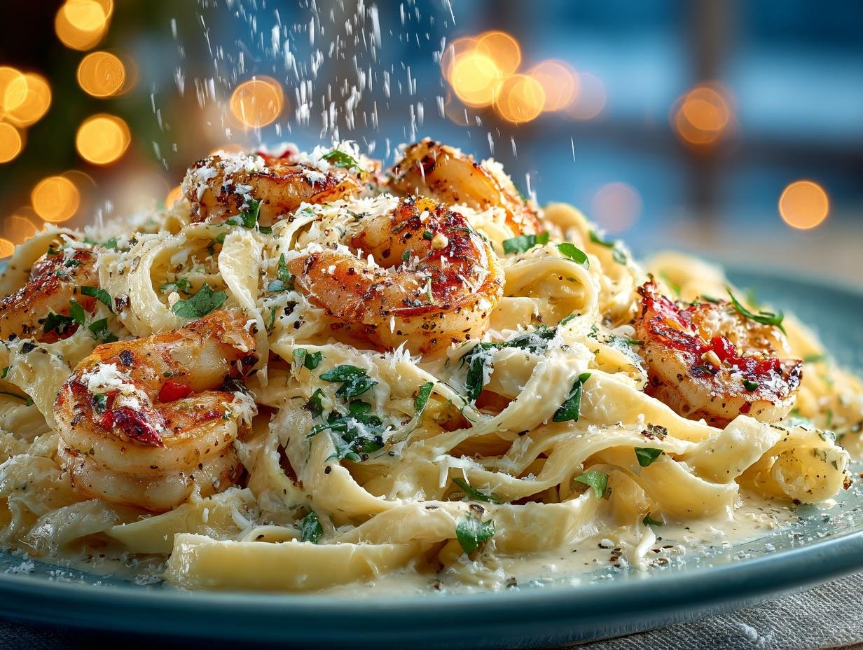 Romige Garnalen Fettuccine Alfredo: 6 snelle stappen. - Creamy Shrimp Fettuccine Alfredo - close-up van de romige saus en garnalen