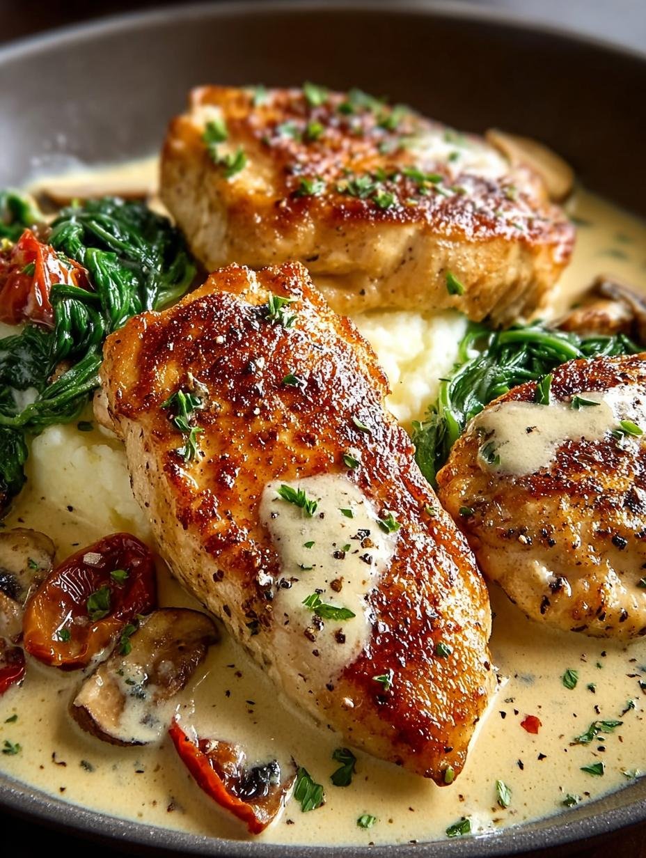Close-up van perfect gegaarde Cremige Knoblauchhaehnchen in een romige saus, klaar om te serveren