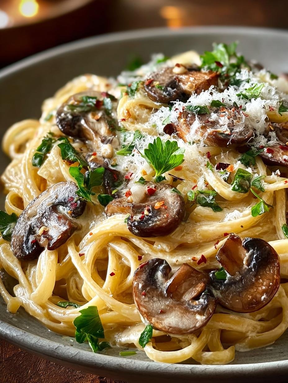 Close-up van romige Miso Pilz Pasta met verse kruiden en Parmezaanse kaas