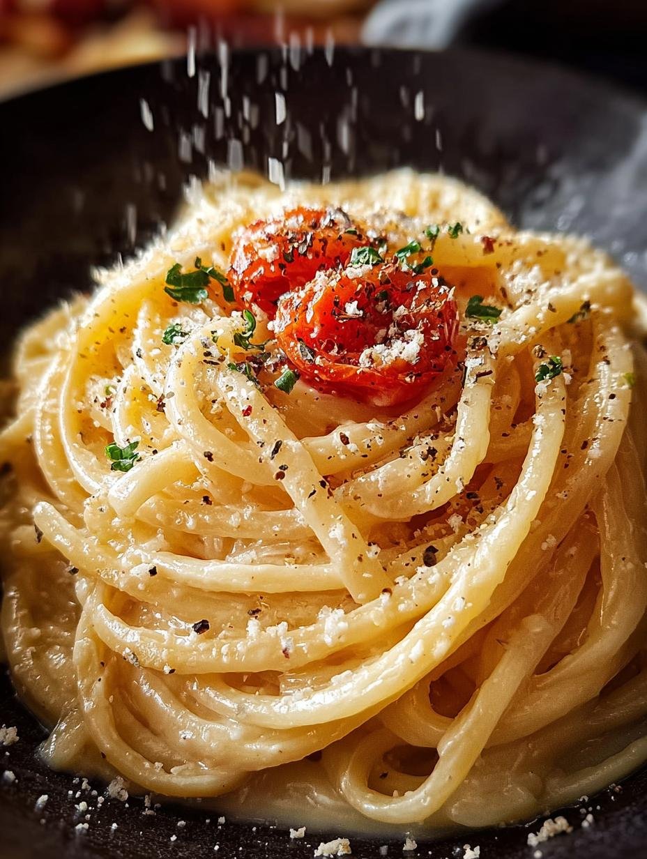 Heerlijke Cremige Spaghetti met verse kruiden en Parmezaanse kaas, perfect voor een snelle maaltijd