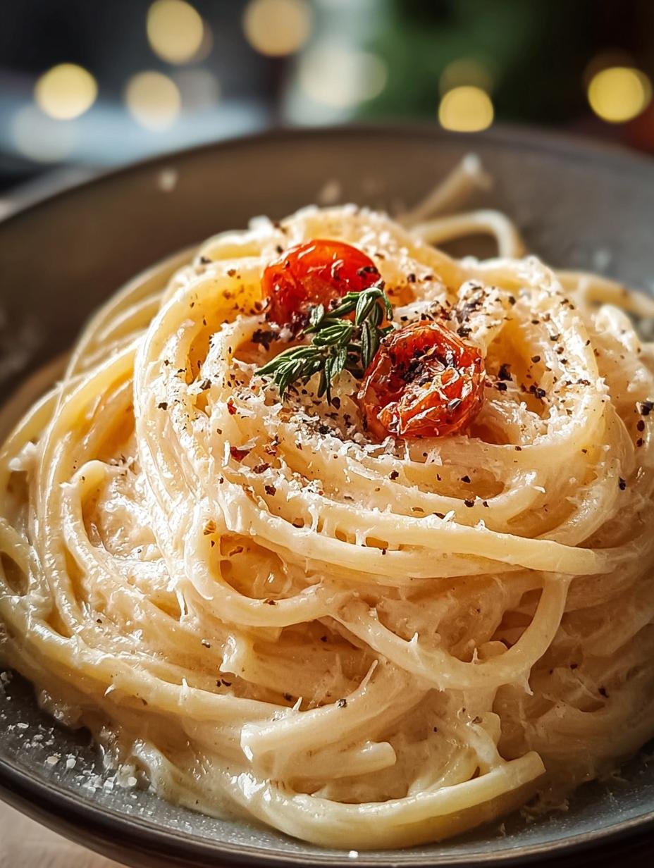 Close-up van romige spaghetti met Parmezaanse kaas en verse peterselie, klaar om te serveren