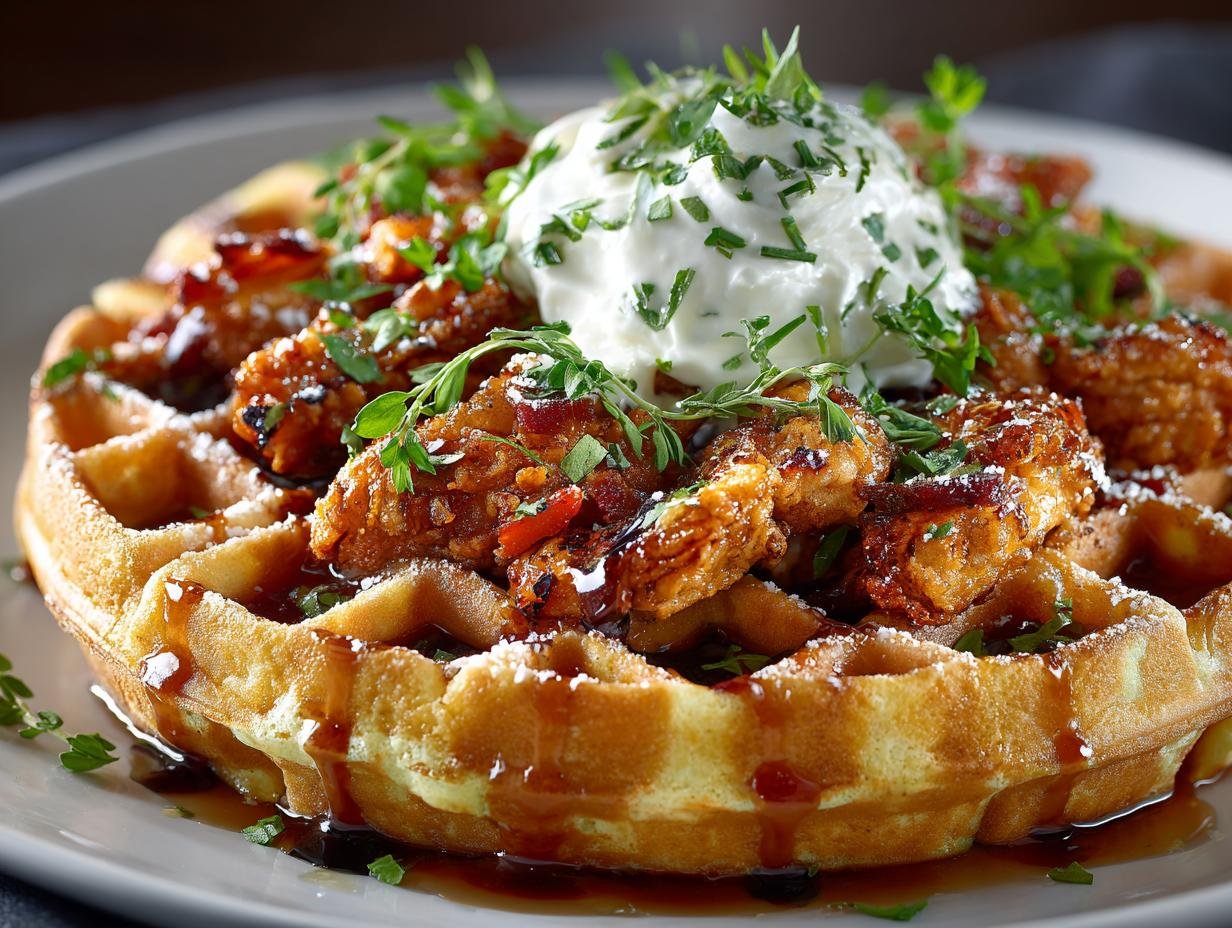 Heerlijke Crispy Chicken Waffles met gouden gefrituurde kip en luchtige wafels, overgoten met ahornsiroop en poedersuiker