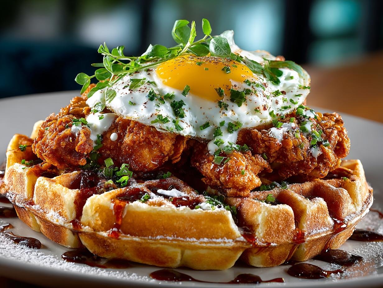 Close-up van een portie Crispy Chicken Waffles met een goudbruine wafel en krokante kip, klaar om te eten