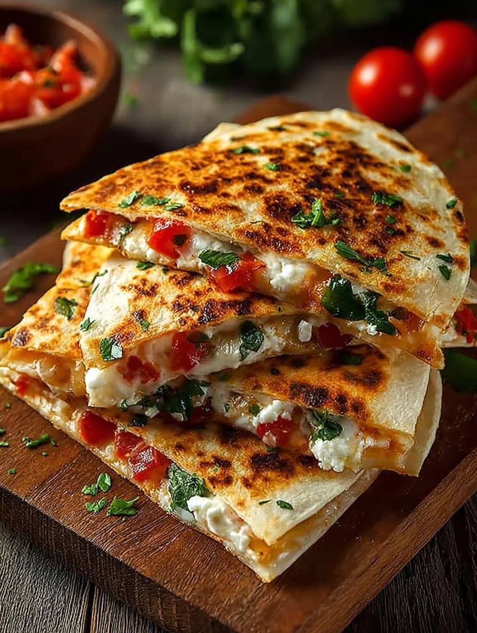 Close-up van een perfect gebakken Einfache Mediterrane Quesadilla, goudbruin en knapperig