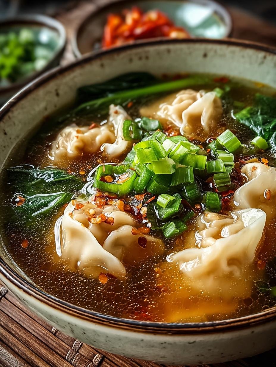 Einfache Thaise Wantan Suppe: binnen 20 min verrukkelijk! - Close-up van de wantans in de bouillon van de eenvoudige Thaise Wantan Soep