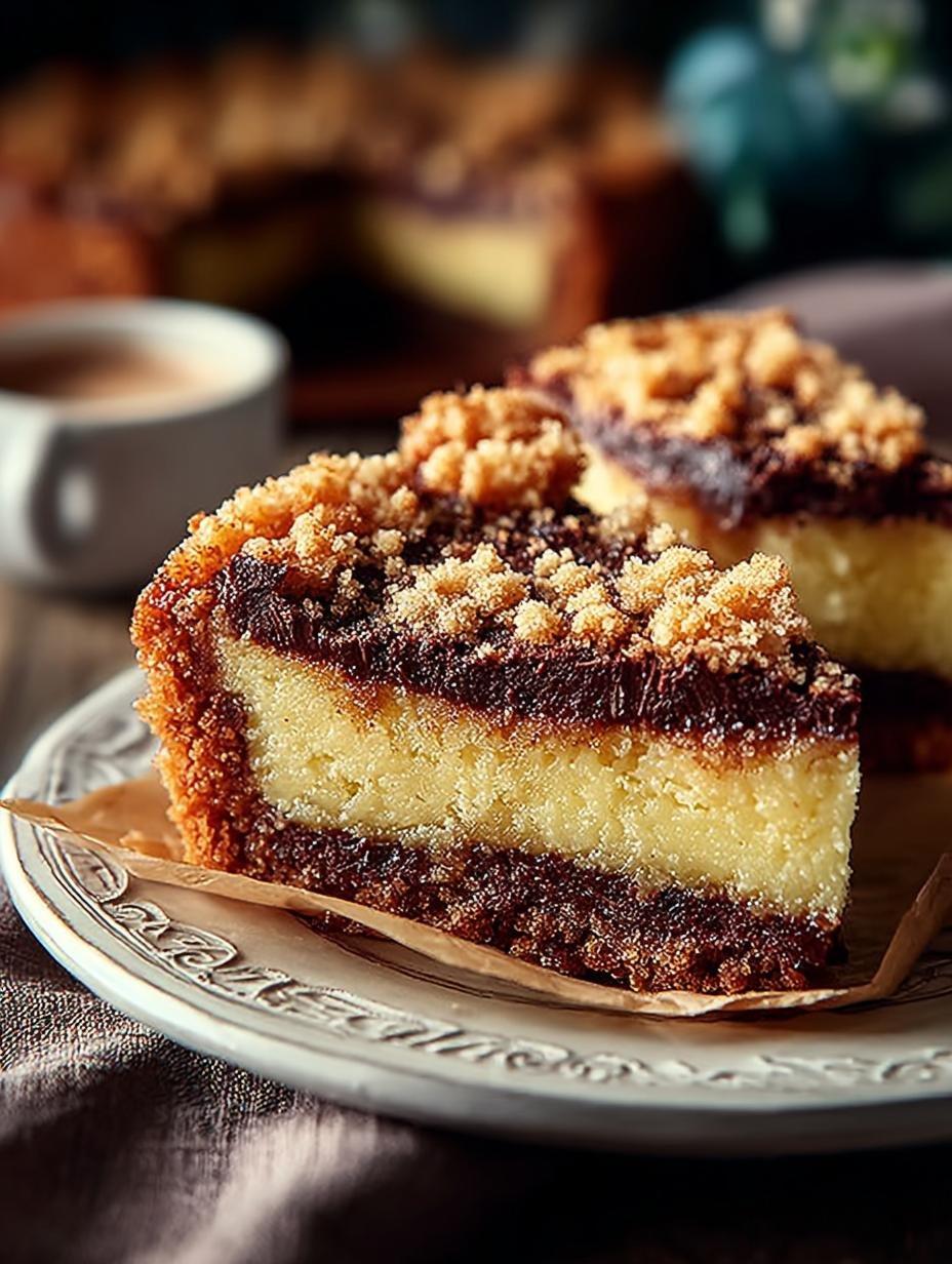 Heerlijke portie Einfacher Schoko Streuselkuchen Vom Blech, perfect gesneden en klaar om te serveren, met een focus op de knapperige kruimels