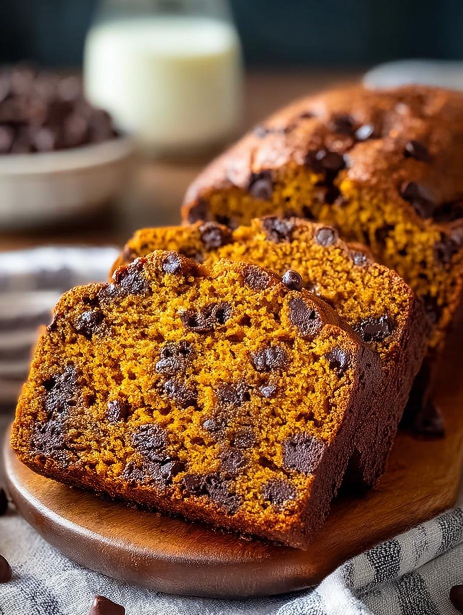 Heerlijk gesneden Eenvoudiges Schokoladenstueckchen Kuerbisbrot met chocoladechips en pompoen, klaar om te serveren