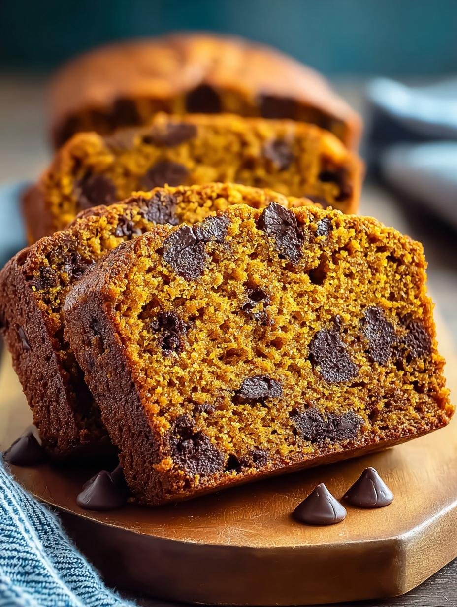 Close-up van een plak Eenvoudiges Schokoladenstueckchen Kuerbisbrot met zichtbare chocoladechips en vochtige textuur