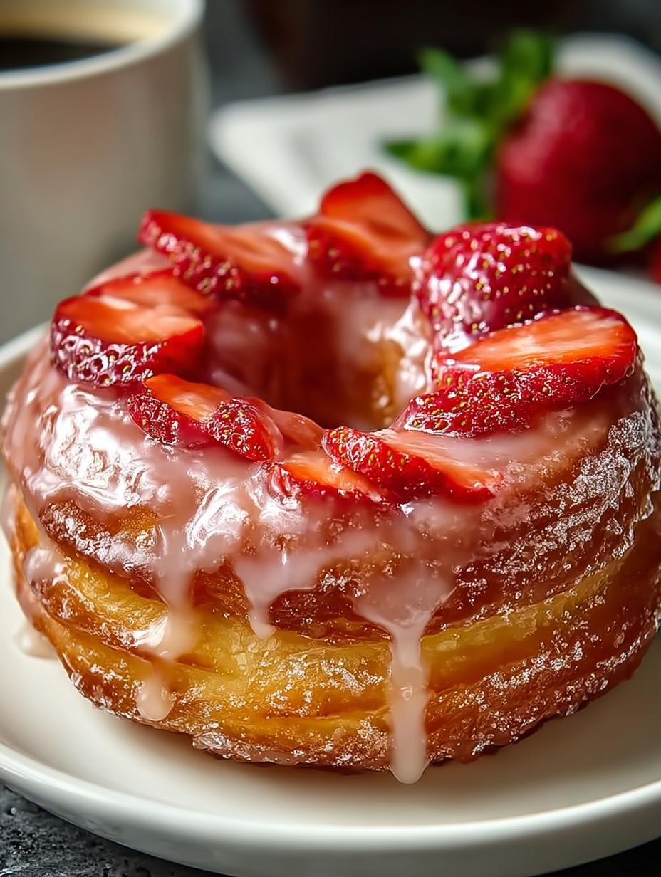 Heerlijke Erdbeer Glasierte Franzoesische Cruller met glimmend aardbeienglazuur, klaar om te eten