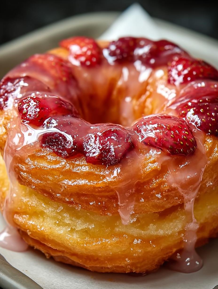 Vers gebakken Erdbeer Glasierte Franzoesische Cruller met een perfecte goudbruine kleur en aardbeienglazuur