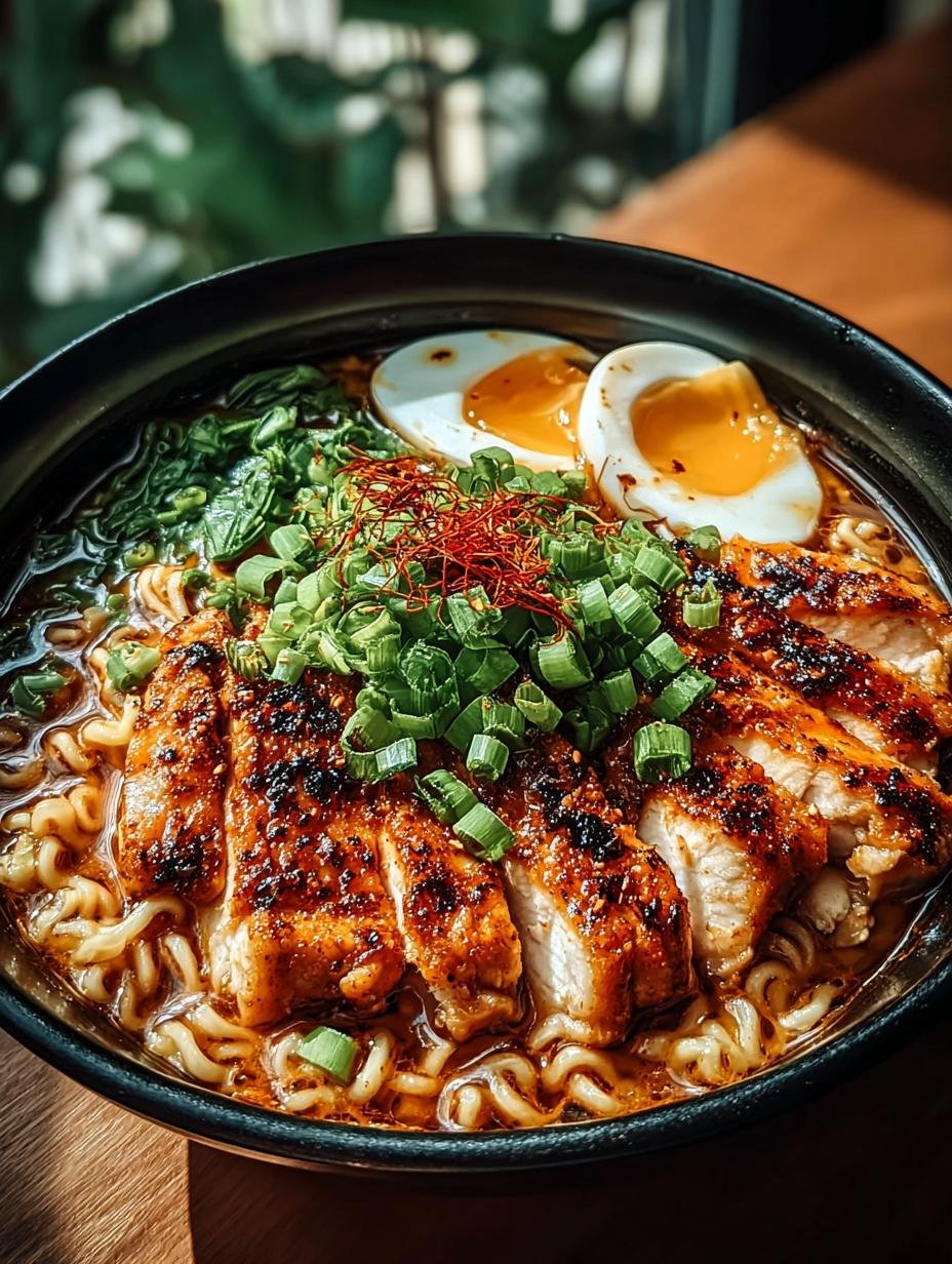 Heerlijke Feuriges Hähnchen Cremige Knoblauch Ramen met pittige kip en romige knoflookbouillon
