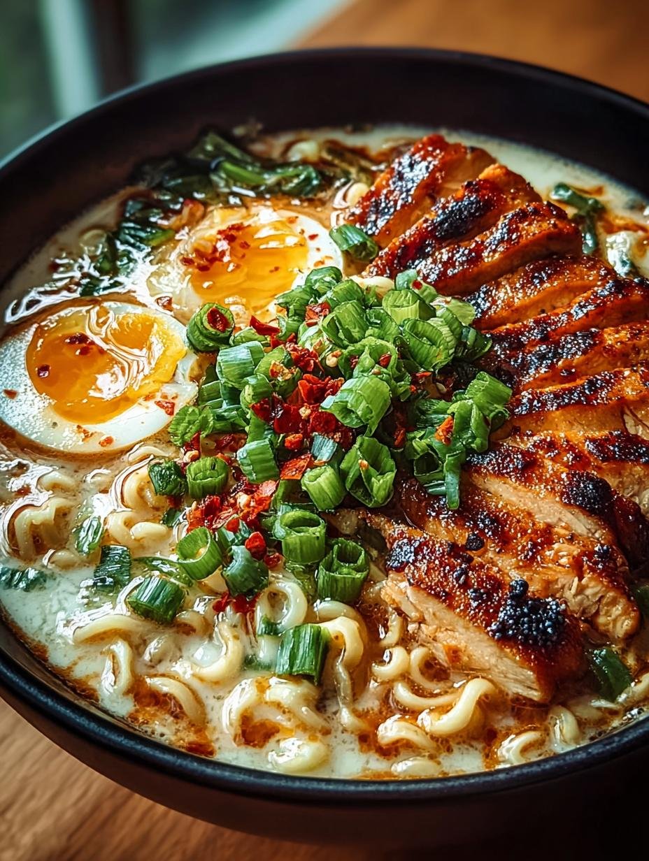 Feuriges Hähnchen Cremige Knoblauch Ramen geserveerd met een zachtgekookt ei en lente-uitjes