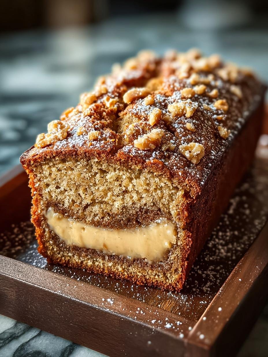 Heerlijke Frischkäse Bananenbrood Kaffee Kuchen met romige roomkaasvulling en knapperige kruimels, perfect voor bij de koffie