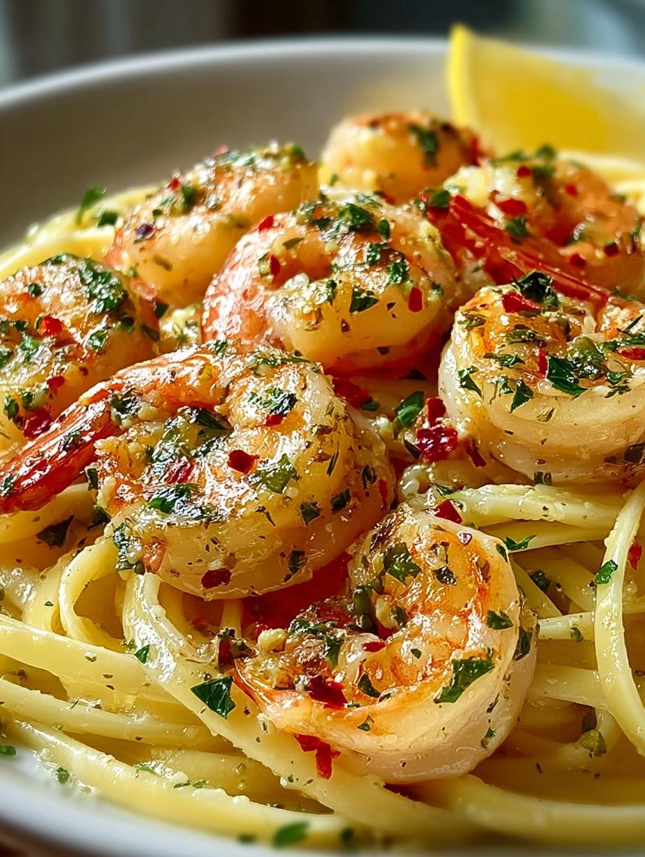 Verrukkelijke Garnelen Scampi met linguine, verse peterselie en citroen, klaar om te serveren