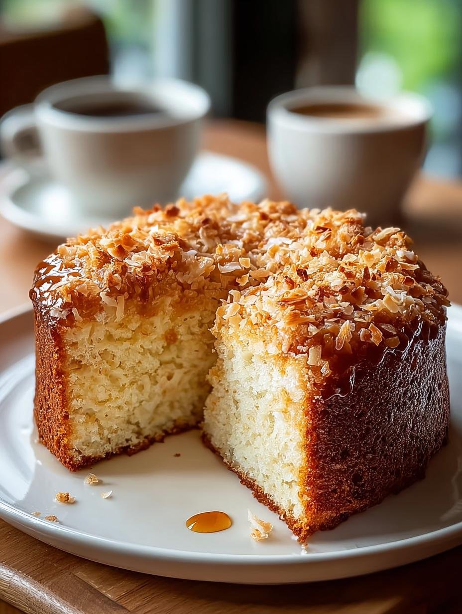 Gerosteter Kokosnuss Kaffeekuchen: 1 Heerlijke Beleving - Gerosteter Kokosnuss Kaffeekuchen met een kop koffie en een lepel