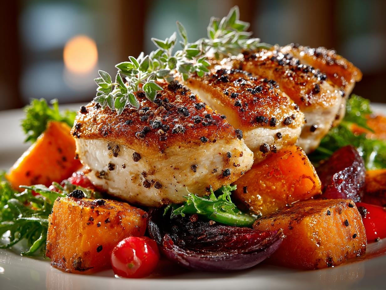 Healthy Chicken Sweet Potato: Een hemelse maaltijd met perfect geroosterde kip en zoete aardappel, klaar om te serveren.