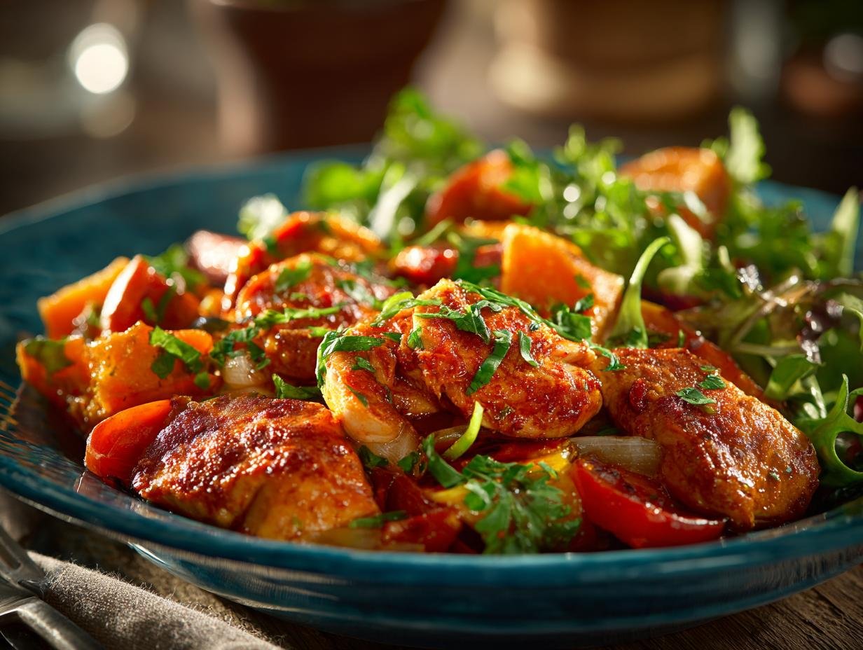 Healthy Chicken Sweet Potato: Een close-up van de kleurrijke en voedzame maaltijd met kip, zoete aardappel en verse groenten.