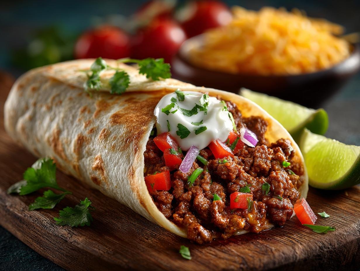Hearty Ground Beef Burrito: Een heerlijke kom met gekruid rundergehakt, bruine rijst, verse groenten en romige avocado, perfect voor een gezonde maaltijd